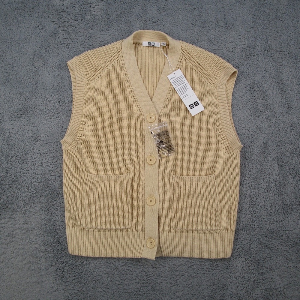 Uniqlo U Womens V-Neck Cardigan Vest Cream Shaker Stitch Knit 458007 Medium